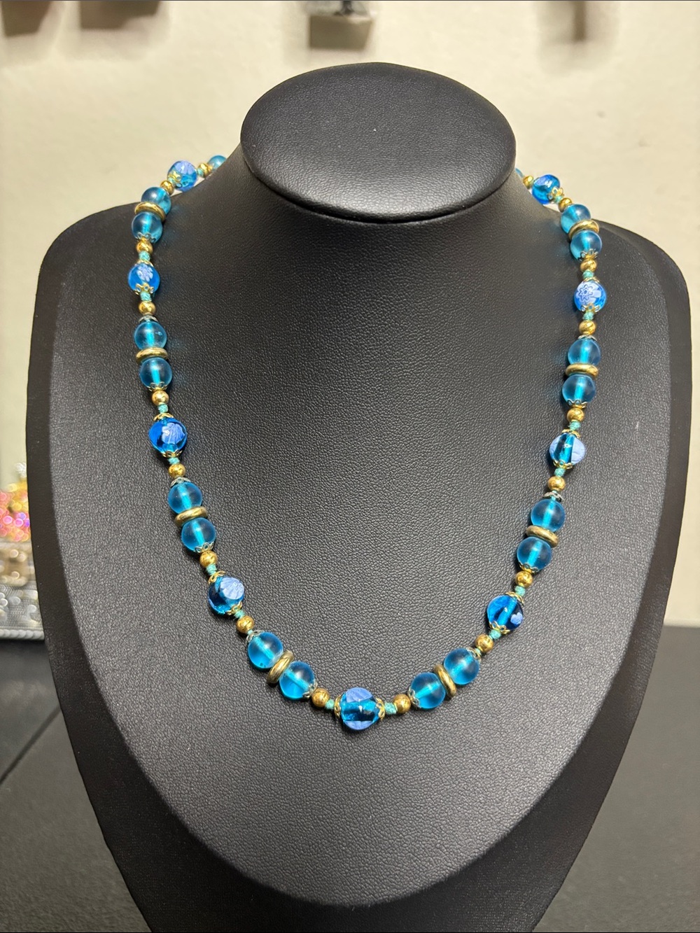 Vintage Blue Glass Floral Painted Blue Beaded Gold Tone Necklace